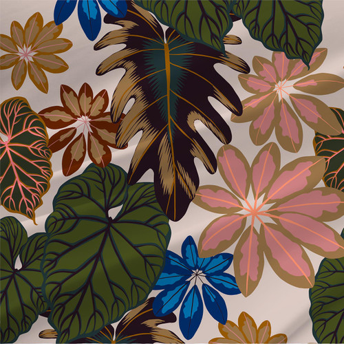 Schefflera Rosewater tropical leaf fabric with green, blush, coral, blue, and tan foliage on a light neutral ground