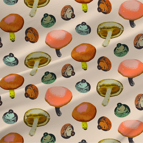 Shitake Blanquette woodland mushroom fabric in coral, orange, mint, olive, and chartreuse