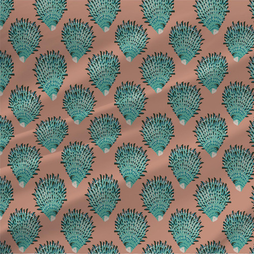 Spiny Oyster Mist coastal shell fabric in teal, aqua, and charcoal on muted blush