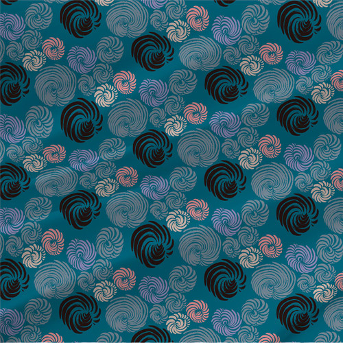 Tumbleweed Oceana abstract spiral fabric in black, slate blue, blush, and lavender on deep teal