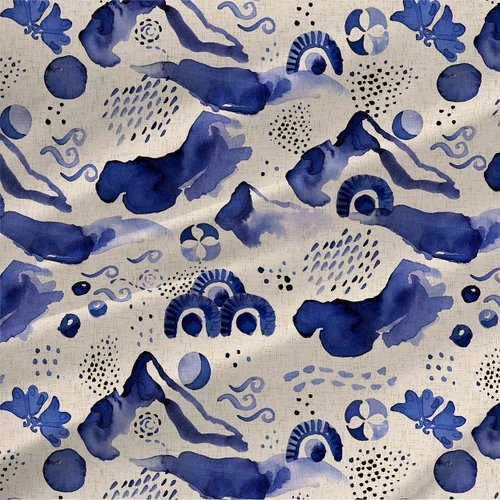 Blueberry Hill – Vintage Cream – blue abstract watercolor fabric on cream by the yard