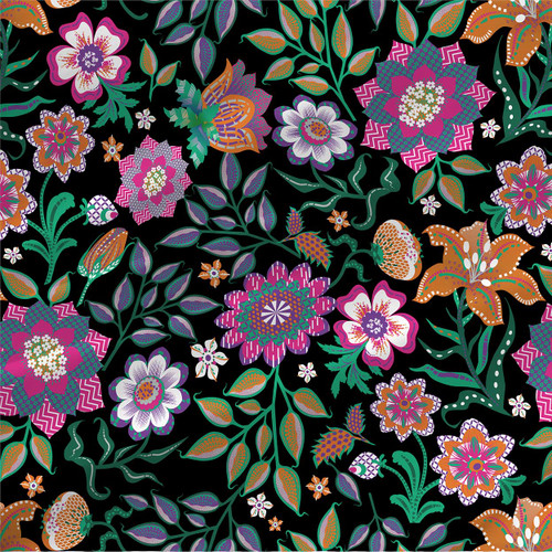 Paper Garden – Black – maximalist floral and bird fabric by the yard