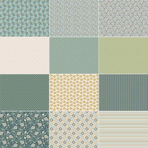 Nostalgic Winter fat quarter bundle with 12 coordinated cotton quilt fabrics in dusty blue, soft teal, sage green, ivory, muted gold, and warm neutral tones, featuring florals, roses, leafy motifs, geometric diamonds, stripes, and small-scale ditsy patterns.