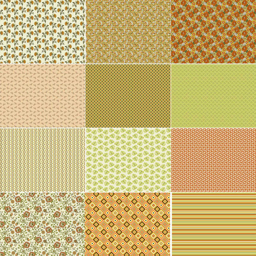 Nostalgic Autumn fat quarter bundle with 12 coordinated cotton quilt fabrics in olive green, golden yellow, rust, orange, cream, and warm neutral tones, featuring florals, roses, leafy motifs, geometric diamonds, stripes, and small-scale ditsy patterns.