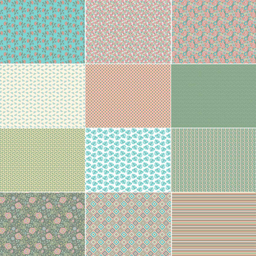 Nostalgic Spring fat quarter bundle with 12 coordinated cotton quilt fabrics in aqua, mint, soft coral, ivory, sage, and warm neutral tones, featuring florals, roses, ditsy prints, geometric coordinates, leaves, stripes, and small-scale patterns.