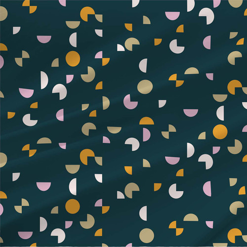 Niblets Lagoon abstract geometric fabric with mustard, blush, ivory, and khaki shapes on teal by the yard