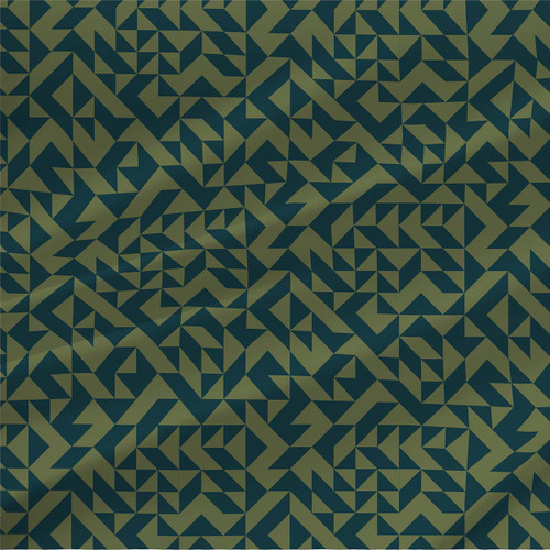 Triangle Party Seaweed geometric fabric with blue-green and olive interlocking triangles by the yard