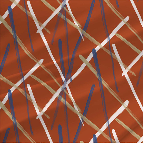 X Hatch Cedar abstract brushstroke fabric with navy, cream, and khaki lines on cedar red by the yard