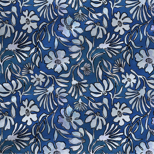 Artistic Lines Blue hand-drawn floral fabric with pale blue flowers on deep indigo by the yard