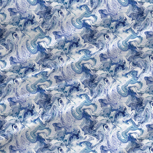 Artistic Swirls Blue marbled abstract fabric with indigo, aqua, gray, and white fluid patterns by the yard