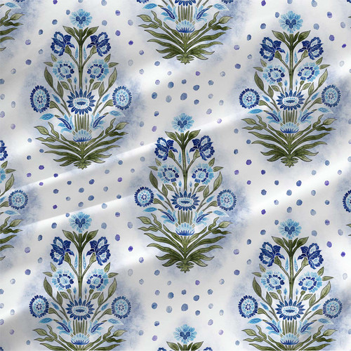 Artistic Tradition Blue ornamental floral fabric with indigo flowers, olive leaves, and watercolor dots by the yard