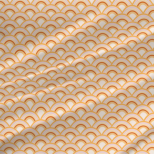 Joy Sunny retro scallop geometric fabric in golden yellow, orange, blush pink, and tan by the yard