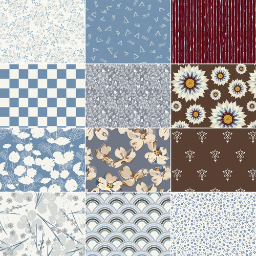 New Day Stormy fat quarter bundle with 12 coordinated cotton quilt fabrics in storm blue, slate gray, ivory, brown, and burgundy, featuring florals, checks, stripes, scallops, botanical prints, daisies, and small-scale coordinates.