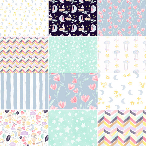 Sweet Dreams Milky Way Fat Quarter Bundle - 12 coordinating prints in mint green, baby yellows, blues, pinks, and dusky charcoal. Sweet Dreams Milky Way Fat Quarter Bundle - 12 coordinating prints in mint green, baby yellows, blues, pinks, and dusky charcoal.