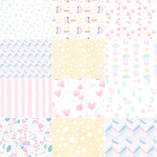 Sweet Dreams Cream fat quarter bundle with 12 coordinated cotton quilt fabrics in cream, blush pink, pastel blue, mint, and soft yellow, featuring moons and stars, sailboats, tulips, clouds, stripes, chevrons, and whimsical nursery prints.