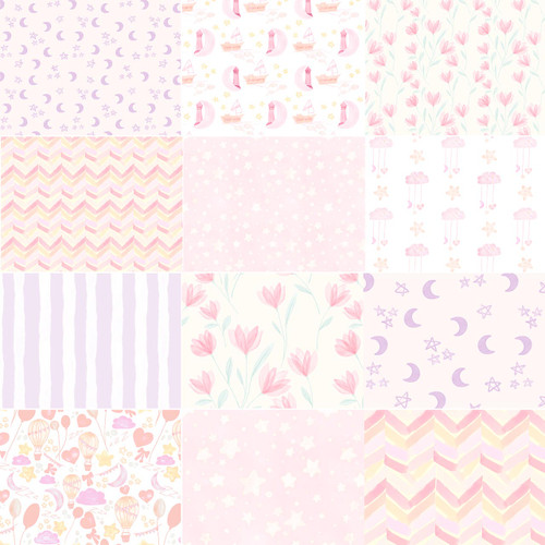 Sweet Dreams Blush fat quarter bundle with 12 coordinated cotton quilt fabrics in blush pink, pale lavender, and cream, featuring moons and stars, sailboats, tulips, clouds, stripes, chevrons, and whimsical nursery prints.