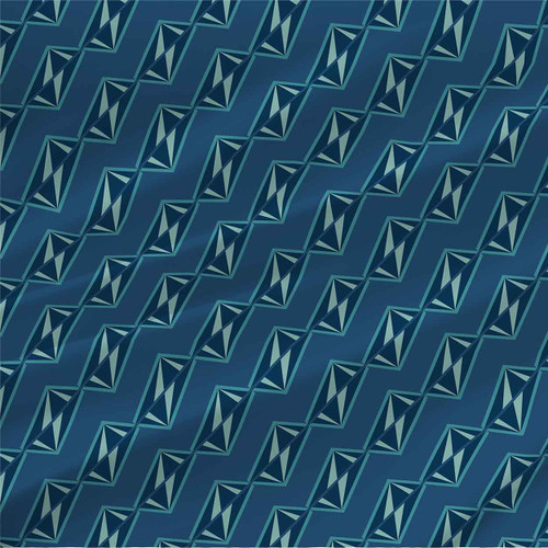 Shard – Ocean – diagonal rows of angular diamond motifs in navy, teal, aqua, and seafoam on deep blue – fabric by the yard