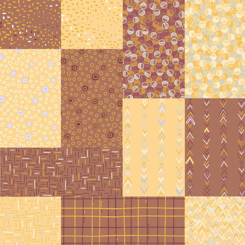 Valian Toffee fat quarter bundle with 12 coordinated cotton quilt fabrics in toffee brown, golden yellow, cream, and soft accent tones, featuring dots, circles, stitched textures, arrows, grid lines, and abstract geometric prints.