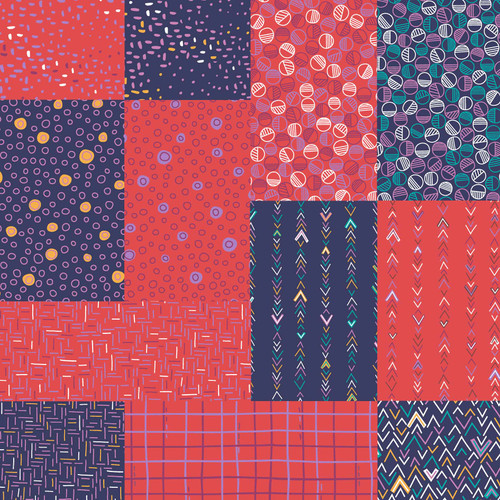 Valian Berry fat quarter bundle with 12 coordinated cotton quilt fabrics in berry red, navy, coral, violet, teal, white, and gold, featuring dots, circles, arrows, grids, dashes, and abstract geometric prints.