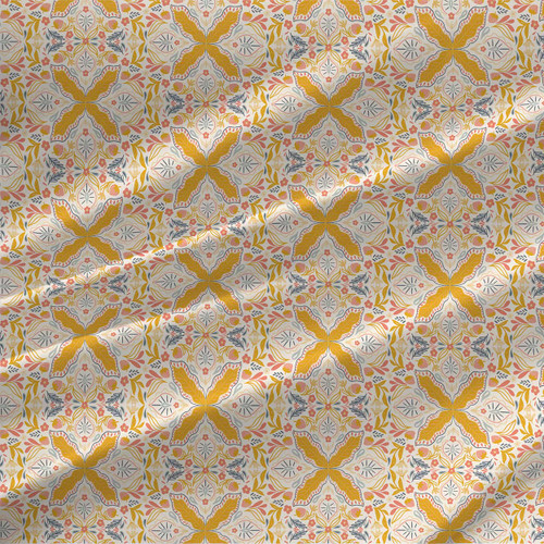 Frosted Forage Winter Berry ivory and mustard botanical medallion fabric by the yard