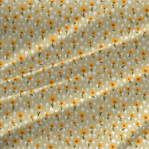 Sunflowers Sage fabric by the yard with golden yellow blooms and white flowers on a muted sage background