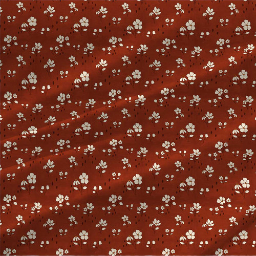 Retro Flowers Spice fabric by the yard with petite cream floral sprigs on a rich spice-red background