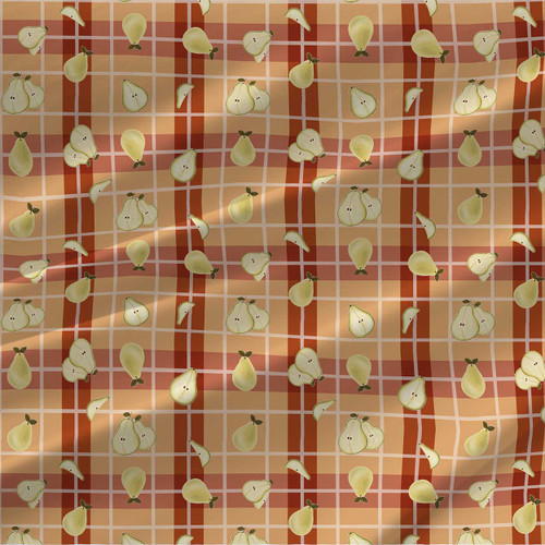 Picnic Pears Spice fabric by the yard with cream and green pears on a terracotta, rust and tan plaid background