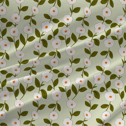 Forest Paths – Sage – white flowers with olive green leafy stems on a soft sage ground – fabric by the yard