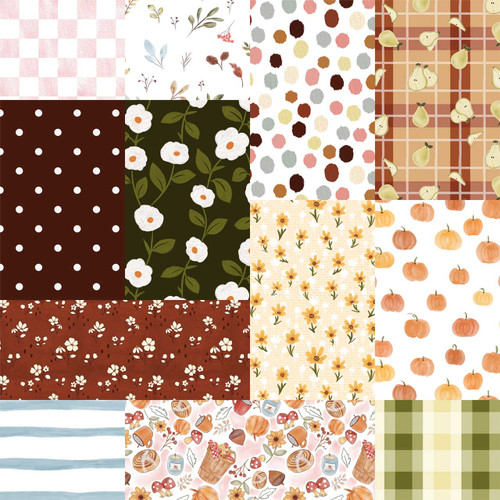 Autumn Harvest Spice fat quarter bundle with 12 coordinated cotton quilt fabrics in rust, cream, olive, blush, golden yellow, and pumpkin tones, featuring pumpkins, pears, florals, dots, checks, stripes, and autumn novelty motifs.