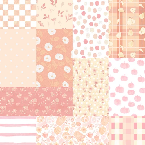 Autumn Harvest Blush fat quarter bundle with 12 coordinated cotton quilt fabrics in soft pink, peach, cream, and pale yellow, featuring pumpkins, pears, florals, dots, checks, stripes, and autumn motifs.