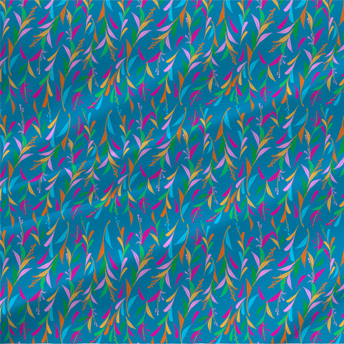 Spring Leaves – Multi Blue – multicolored pink, orange, green, and blue leaves with berry sprigs on a rich blue background – fabric by the yard