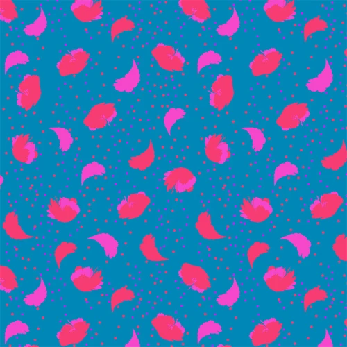 Poppies – Pink and Blue – pink abstract poppy blossoms and scattered dots on a deep blue background – fabric by the yard