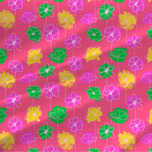 Multi Pink on Coral – pink, green, and yellow abstract flowers with pale linework on a coral pink background – fabric by the yard
