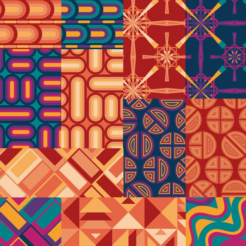 Bayan Rust fat quarter bundle with 12 coordinated cotton quilt fabrics in warm rust, coral, golden yellow, teal, navy, and deep red, featuring bold geometric, retro mod, medallion, diamond, and curved patterns.