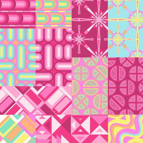 Bayan Peony fat quarter bundle with 12 coordinated cotton quilt fabrics in bright pink, aqua, yellow, coral, and lavender, featuring bold geometric, retro mod, medallion, diamond, and curved patterns.