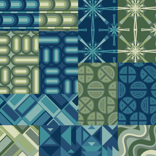 Bayan Ocean fat quarter bundle with 12 coordinated cotton quilt fabrics in navy, teal, aqua, sage, olive, and cream, featuring bold geometric, retro mod, medallion, and angular patterns.