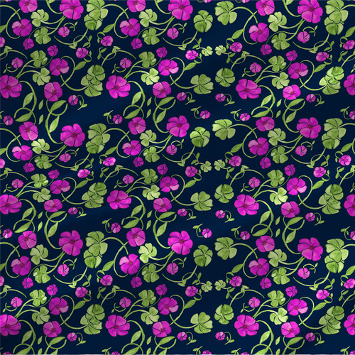 Clover Mini Garden Gate watercolor floral fabric with magenta blossoms and green clover vines on navy