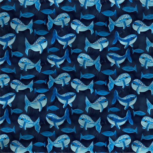 Ocean Wisdom Nautical whale shark fabric with aqua and blue watercolor whale sharks and fish on a navy background