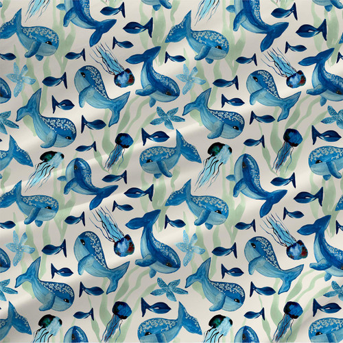 Marine Life Nautical watercolor ocean fabric with blue whale sharks, fish, jellyfish, starfish and mint seaweed