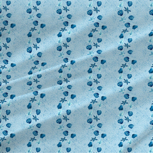 Beach Walk Nautical coastal fabric with ocean-blue seashells and starfish scattered across a textured pale aqua background.