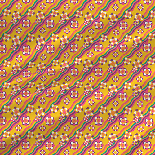 Stellar Pop retro floral fabric by the yard with pink, orange, purple, and teal flowers on golden-yellow wavy stripes.