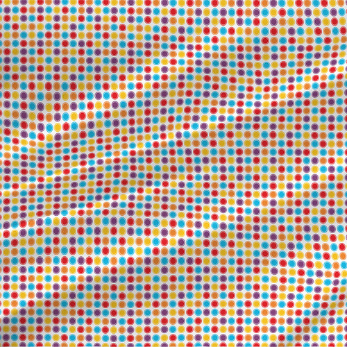Donut Pop polka dot fabric by the yard with pink, orange, yellow, green, and purple outlined circles on white.