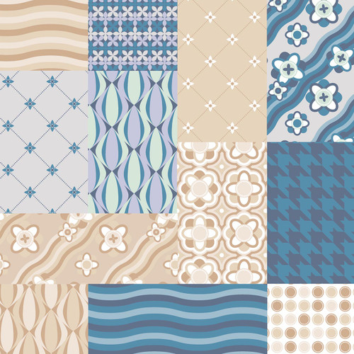 Lieta Coastal fat quarter bundle with 12 coordinated cotton quilt fabrics in sand, cream, aqua, sky blue, and denim, featuring retro waves, mod florals, houndstooth, diamonds, dots, and geometric patterns.