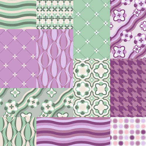 Lieta Marshmallow fat quarter bundle with 12 coordinated cotton quilt fabrics in mint, lavender, plum, cream, and blush, featuring retro waves, mod florals, houndstooth, diamonds, dots, and geometric patterns.