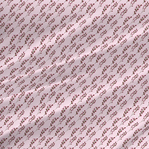 Alegria Bold fabric by the yard with berry-red botanical sprigs and olive-green leaves arranged diagonally on a soft blush-pink ground.