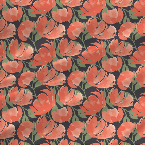 Poppies of Perseverence – Vibrant – coral poppy floral fabric by the yard on deep charcoal.