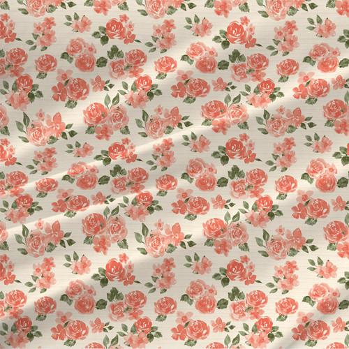 Roses of Resilience Vibrant fabric by the yard with coral and blush roses, olive-green leaves, and a warm ivory background.