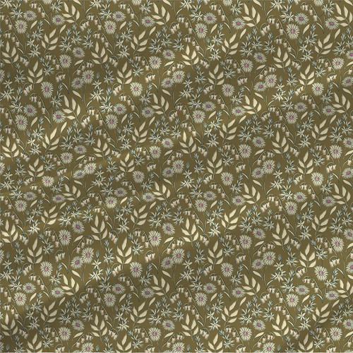 Damsel Lagoon fabric by the yard with cream wildflowers, mauve flower centers, and pale foliage on an olive background.
