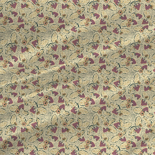 Strawberry Patch Lagoon fabric by the yard with mauve strawberries, blush flowers, golden leaves, and deep teal details on cream.