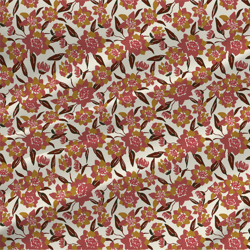 Sunflower Days Sunset fabric by the yard with rose and crimson sunflowers, golden accents, and burgundy leaves on ivory.